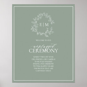 Sage Green Leafy Crest Monogram Unplugged Wedding Poster