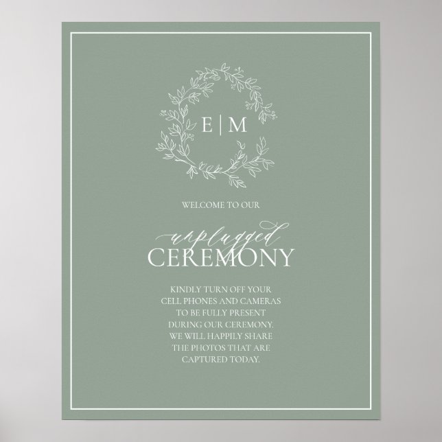 Sage Green Leafy Crest Monogram Unplugged Wedding  Poster (Front)