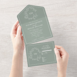 Sage Green Leafy Crest Monogram Wedding All In One All In One Invitation