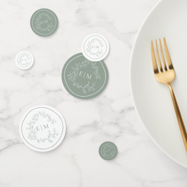Sage Green Leafy Crest Monogram Wedding Confetti (Group)
