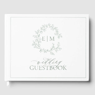 Sage Green Leafy Crest Monogram Wedding Guest Book