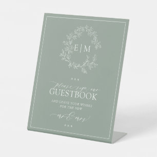 Sage Green Leafy Crest Monogram Wedding Guestbook  Pedestal Sign
