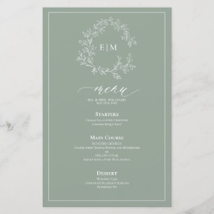 Sage Green Leafy Crest Monogram Wedding Menu