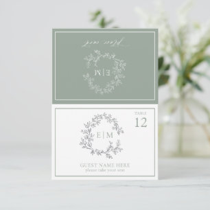 Sage Green Leafy Crest Monogram Wedding Place Card
