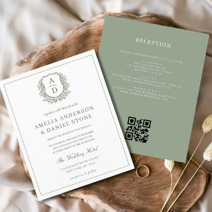 Sage Green Leafy Crest Monogram Wedding QR Code