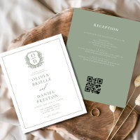 Sage Green Leafy Crest Monogram Wedding QR Code
