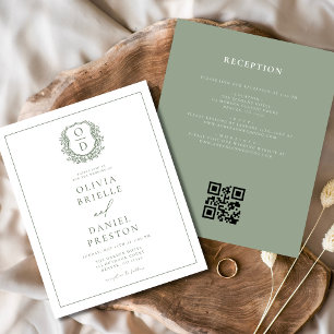 Sage Green Leafy Crest Monogram Wedding QR Code Flyer