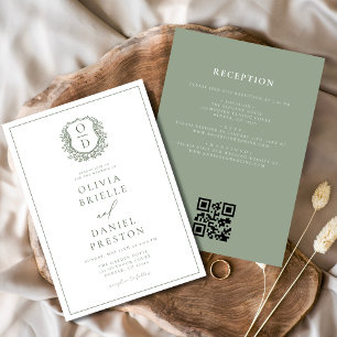 Sage Green Leafy Crest Monogram Wedding QR Code Invitation
