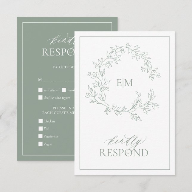Sage Green Leafy Crest Monogram Wedding RSVP Card (Front/Back)