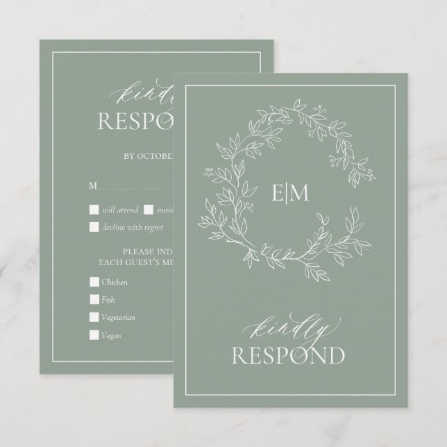Sage Green Leafy Crest Monogram Wedding RSVP Card (Front/Back)