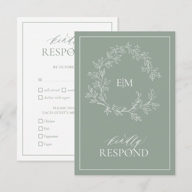 Sage Green Leafy Crest Monogram Wedding RSVP Card (Front/Back)