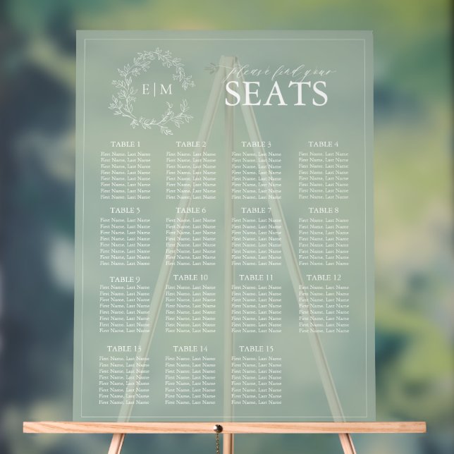 Sage Green Leafy Crest Monogram Wedding Seating Acrylic Sign (Neutral)