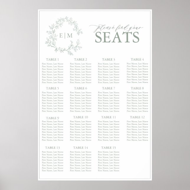 Sage Green Leafy Crest Monogram Wedding Seating Poster (Front)