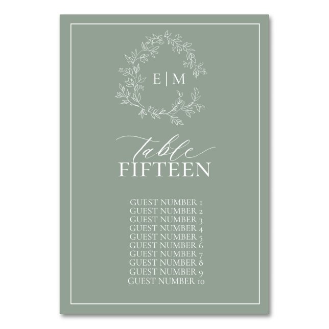 Sage Green Leafy Crest Monogram Wedding Table Numb Table Number (Front)