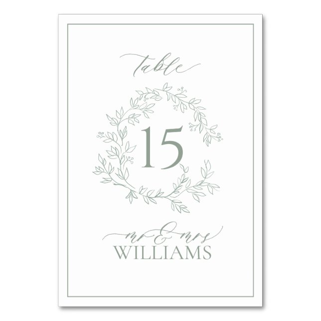 Sage Green Leafy Crest Monogram Wedding Table Number (Front)