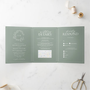 Sage Green Leafy Crest Monogram Wedding Tri-Fold I