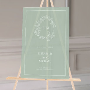 Sage Green Leafy Crest Monogram Welcome Wedding Acrylic Sign