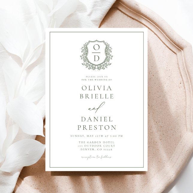 Sage Green Leafy Floral Crest Monogram Wedding  Invitation (Creator Uploaded)