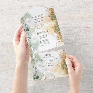 Sage Green Leaves and Gold Dust Wedding   All In One Invitation