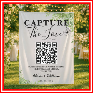 Sage Green Leaves Capture The Love QR Wedding Tapestry
