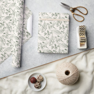 Sage Green Leaves Floral Art Pattern On Ivory Ecru Wrapping Paper