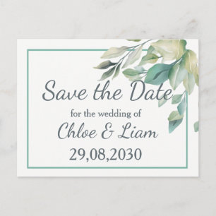 Sage Green Leaves Greenery Wedding Save the Date Postcard
