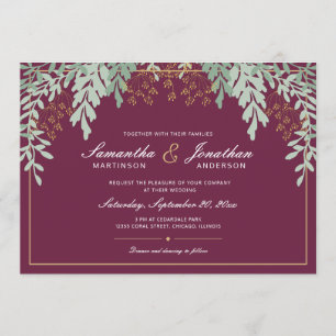 Sage Green Leaves on Cranberry Wedding Invitation