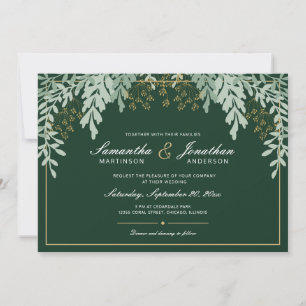 Sage Green Leaves on Emerald Green Wedding Invitation