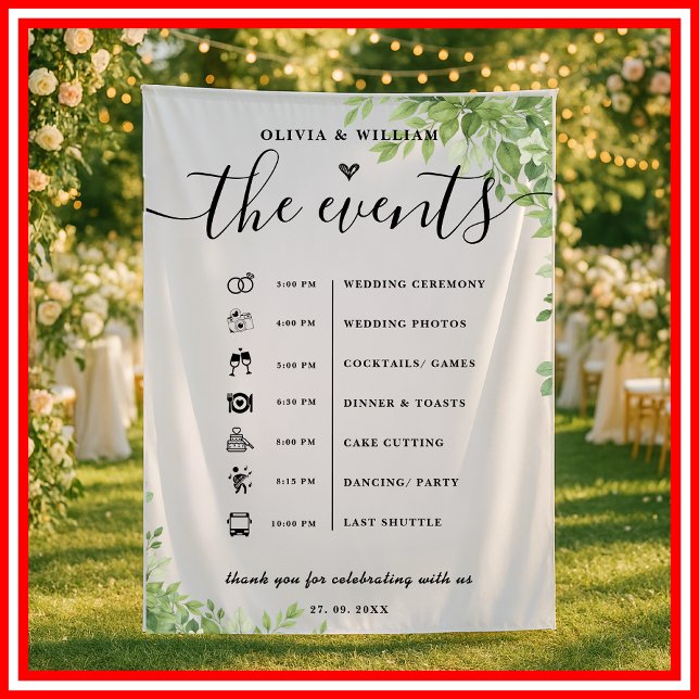 Sage Green Leaves Order of Events Elegant Wedding Tapestry (Creator Uploaded)