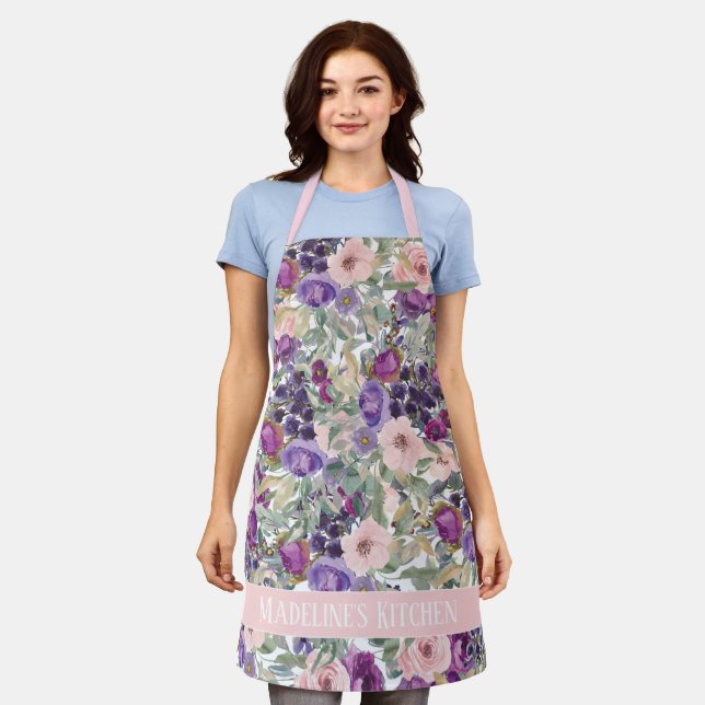 Sage Green Leaves Purple Pink Flowers Kitchen Apron (Worn)
