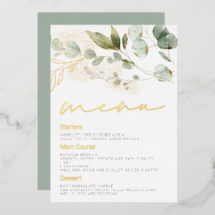 Sage Green Leaves Wedding Gold Foil Menu