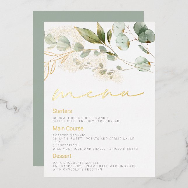 Sage Green Leaves Wedding Gold Foil Menu (Front/Back)