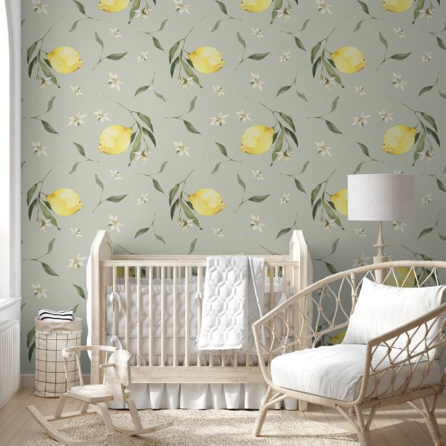 Sage Green Lemon Fruit Pattern Wallpaper (Kids)