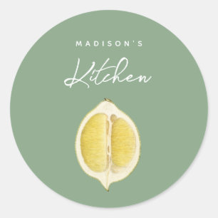 Sage Green & Lemon Script Cooking Custom Name Classic Round Sticker