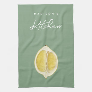 Sage Green & Lemon Script Cooking Custom Name Kitchen Towel