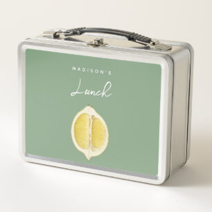 Sage Green & Lemon Script Cooking Custom Name  Metal Lunch Box