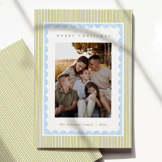 Sage Green & Light Blue Stripes Christmas Photo Holiday Card