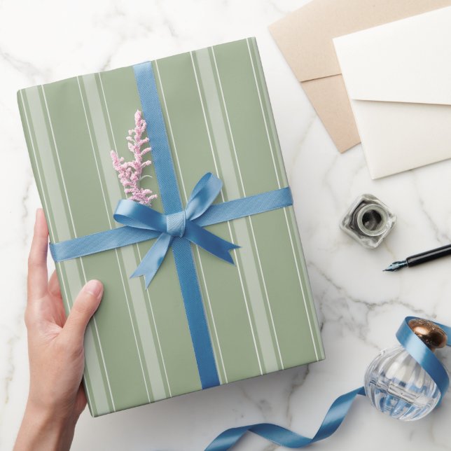 Sage Green & Light Grey Green Stripes Wrapping Paper (Gifting)