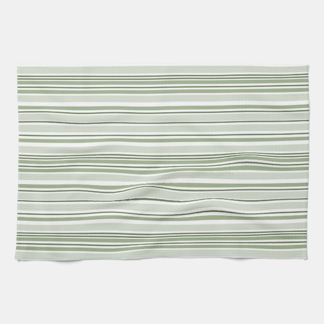 Sage Green (Light, Medium, Dark) and White Stripes Kitchen Towel (Horizontal)