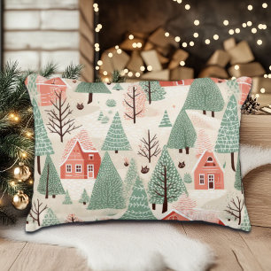 Sage Green Light Pink Pine Cones Roofs and Trees Accent Pillow