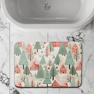 Sage Green Light Pink Pine Cones Roofs and Trees Bath Mat