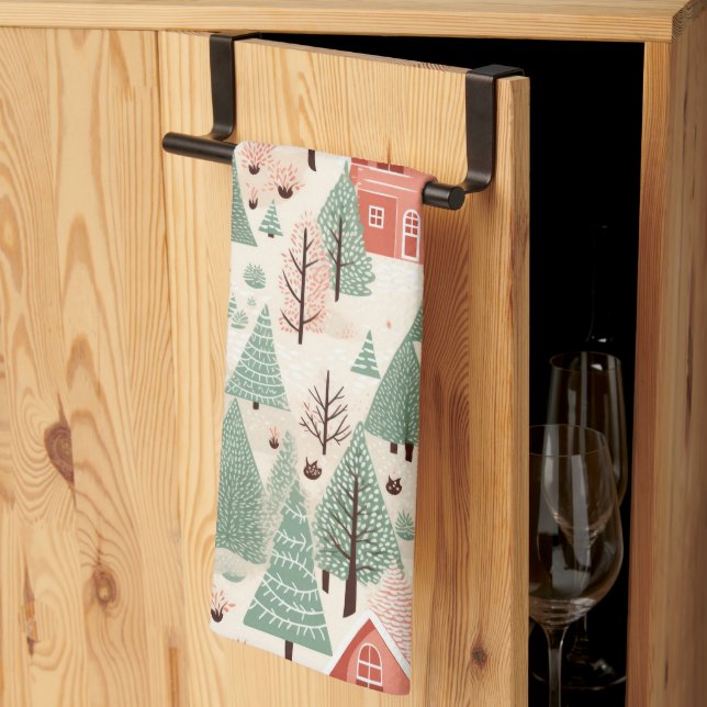 Sage Green Light Pink Pine Cones Roofs and Trees Kitchen Towel (Thirds Fold)