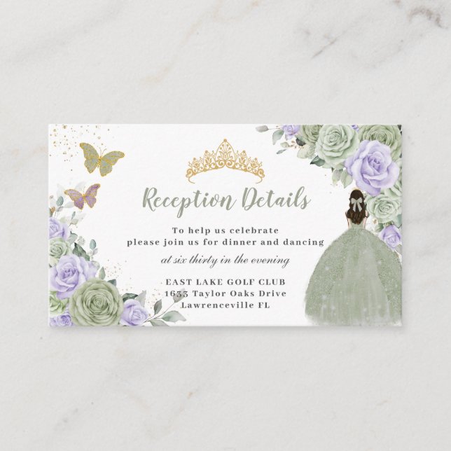 Sage Green Lilac Floral Quinceañera Reception Enclosure Card (Front)