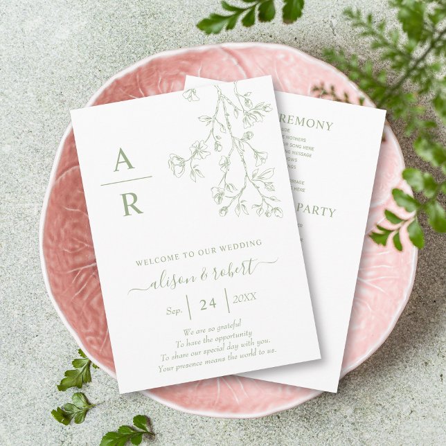 Sage green line art blossoms monochrome wedding program (Creator Uploaded)