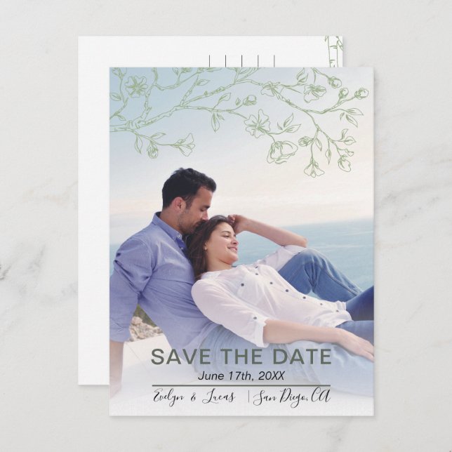 Sage green line art blossoms photo Save the Date Postcard (Front/Back)