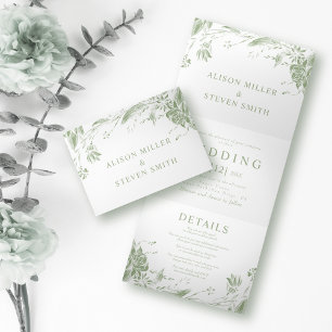 Sage green line art flowers photo wedding Tri-Fold invitation