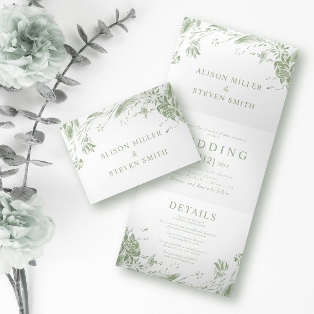 Sage green line art flowers photo wedding Tri-Fold invitation (Creator Uploaded)
