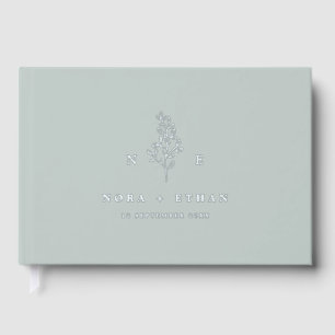 Sage Green Line Art Leaf Monogram Wedding Foil Guest Book