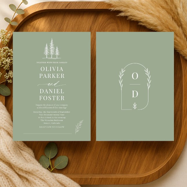 Sage Green Line Art Rustic Forest Wedding Invitation (Creator Uploaded)