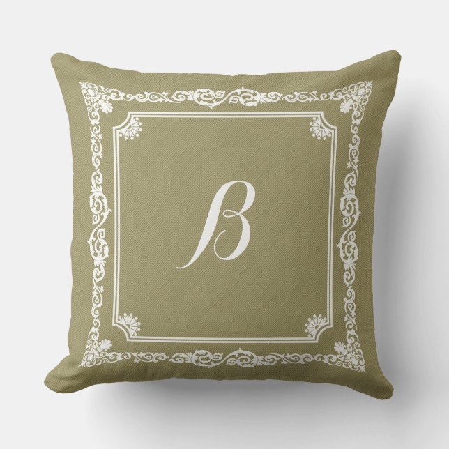 Sage-Green Linen And White Frame Throw Pillow (Front)